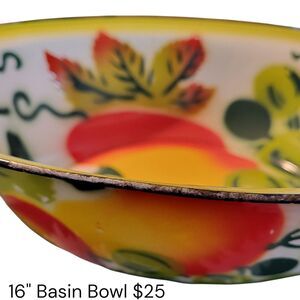 Enamelware Fruit Design Basin Bowl Colorful 15 3/4 in Diam 4 in Deep, Vintage